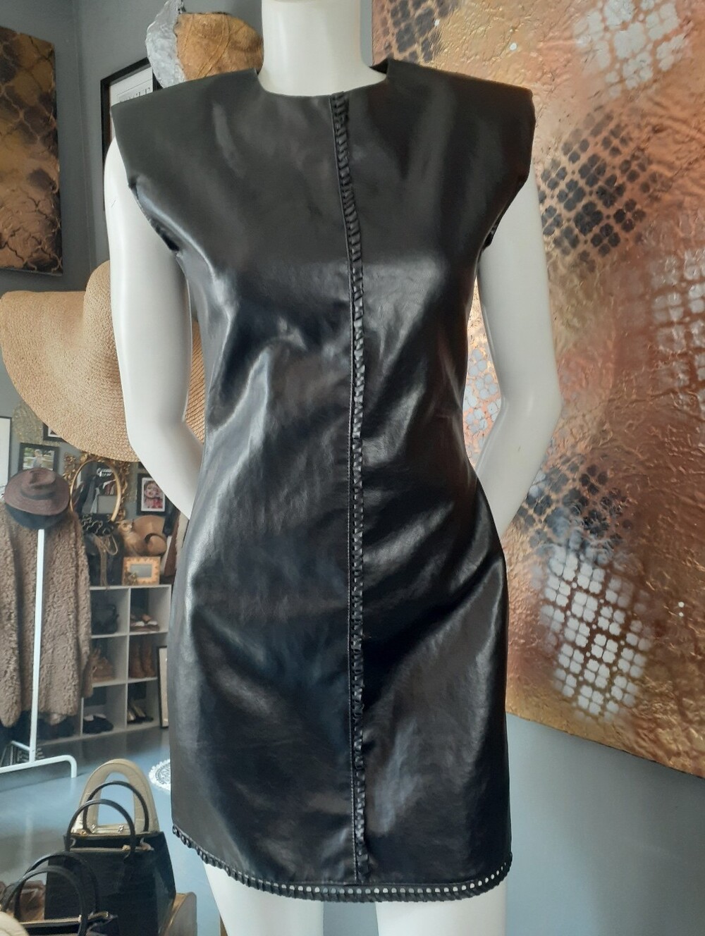 Zara Nwot Black Faux Leather Mini Dress with Structured Shoulders